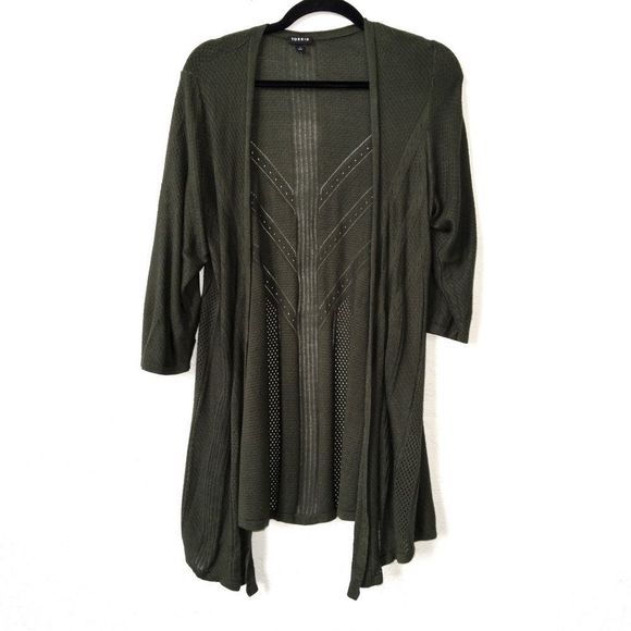 Torrid Olive Green Pointelle Stitched Open Knit Cardigan Size 1 - Picture 4 of 8